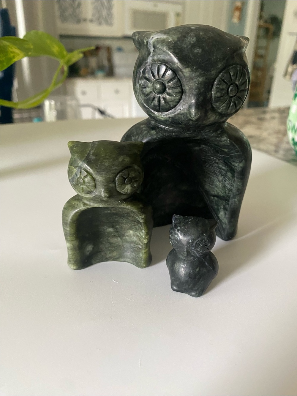 Green Jade Nesting Owl Trio Decorative Figurines